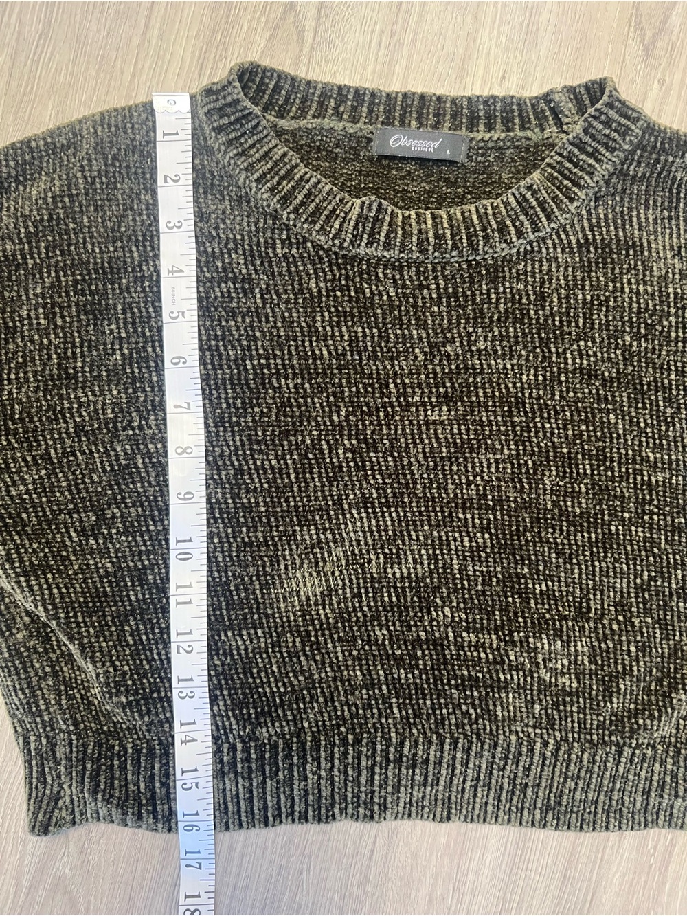 Cropped Chenille Crewneck Sweater in Olive - Picture 7 of 7